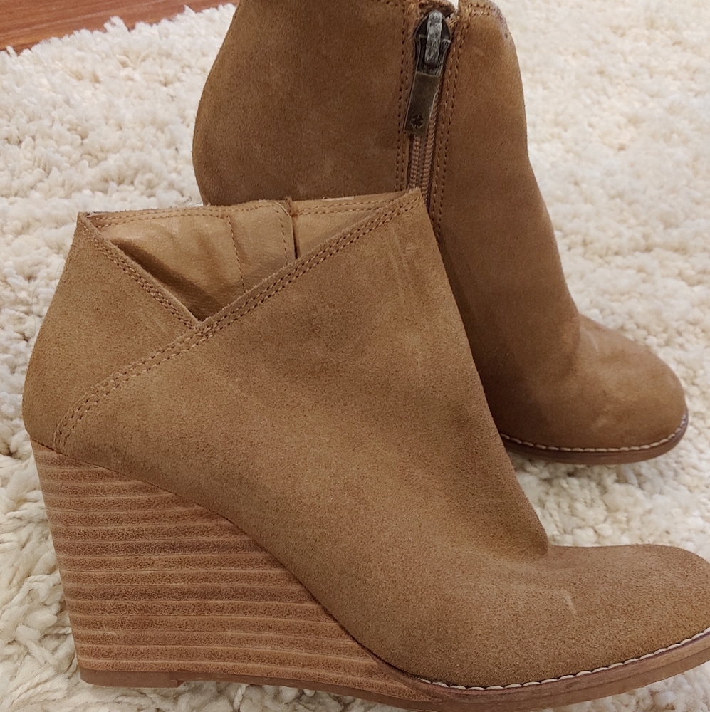 Tan suede wedge booties